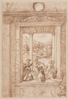 K IX 056
<br/>
Musicerende nimfen en sater in een loggia
<br/>
<em>Anoniem It, Veneto (16de eeuw)</em>